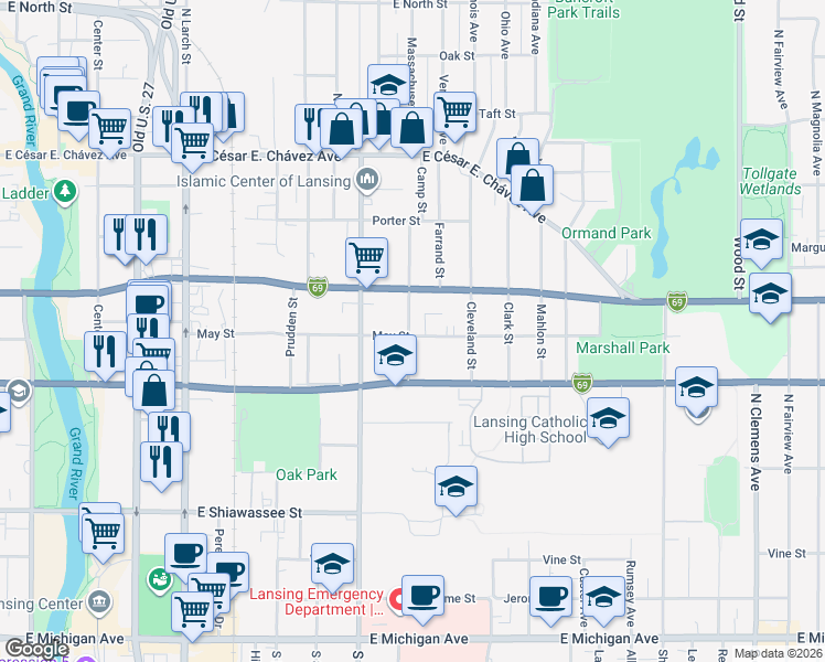 map of restaurants, bars, coffee shops, grocery stores, and more near 1107 May Street in Lansing
