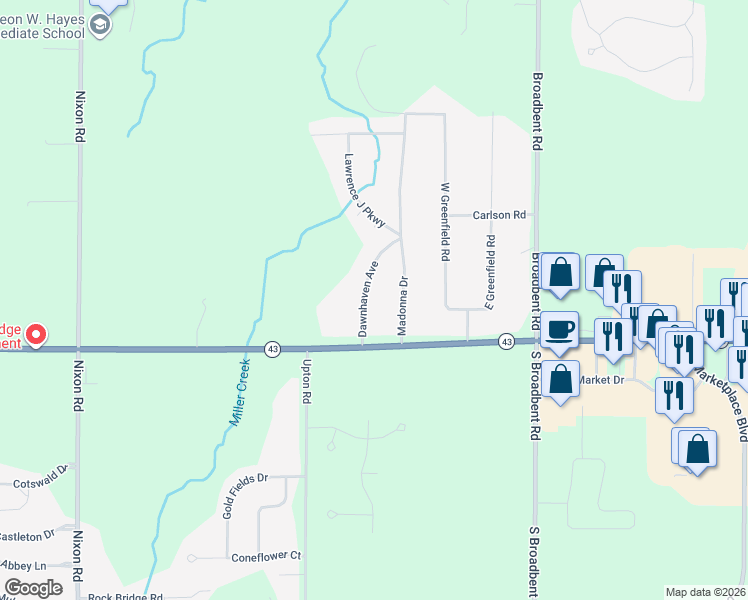 map of restaurants, bars, coffee shops, grocery stores, and more near 12102 Dawnhaven Avenue in Lansing