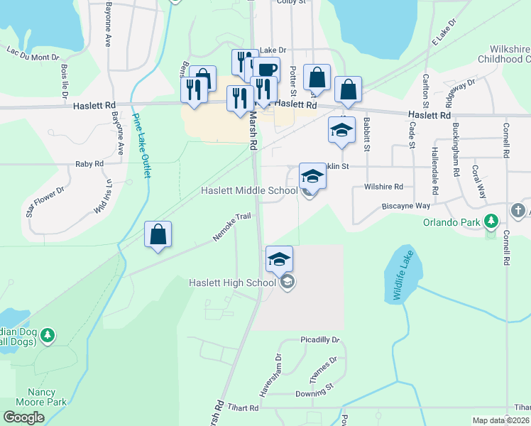 map of restaurants, bars, coffee shops, grocery stores, and more near 5550 Marsh Road in Meridian charter Township