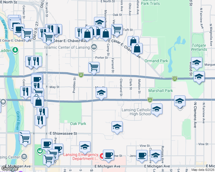 map of restaurants, bars, coffee shops, grocery stores, and more near 1107 May Street in Lansing