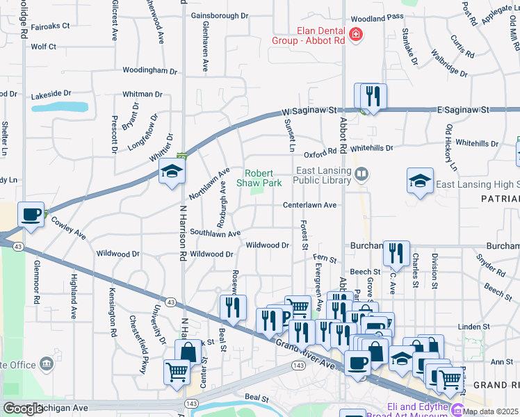 map of restaurants, bars, coffee shops, grocery stores, and more near 838 Stuart Avenue in East Lansing