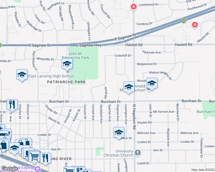 map of restaurants, bars, coffee shops, grocery stores, and more near 832 Knoll Road in East Lansing