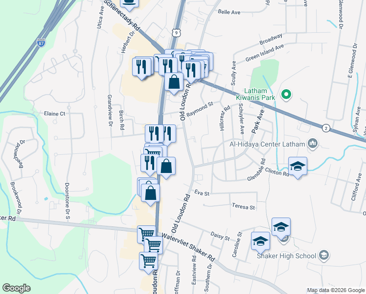 map of restaurants, bars, coffee shops, grocery stores, and more near 128 Old Loudon Road in Latham