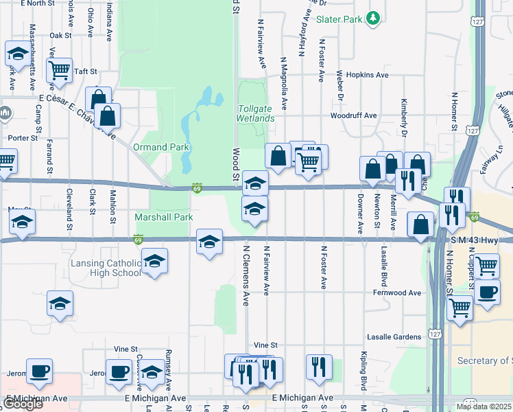 map of restaurants, bars, coffee shops, grocery stores, and more near 815 North Fairview Avenue in Lansing