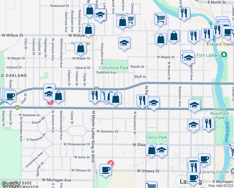 map of restaurants, bars, coffee shops, grocery stores, and more near 756 Chicago Avenue in Lansing