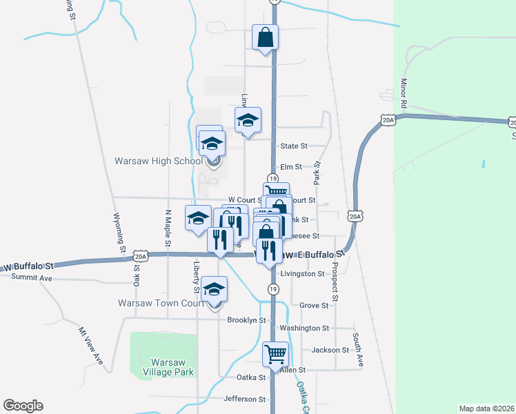 map of restaurants, bars, coffee shops, grocery stores, and more near 10 West Court Street in Warsaw