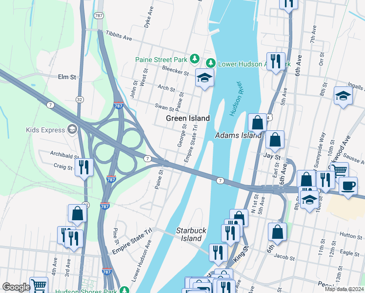 map of restaurants, bars, coffee shops, grocery stores, and more near 83 George Street in Troy