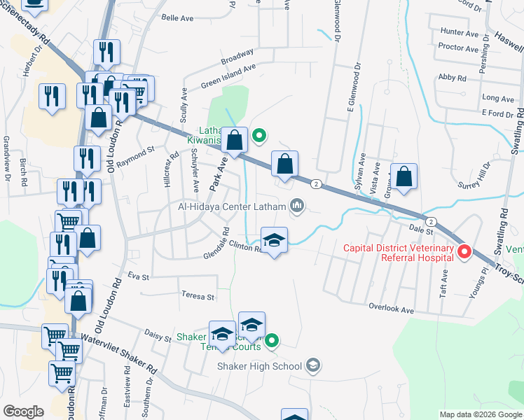 map of restaurants, bars, coffee shops, grocery stores, and more near 14 Aragon Avenue in Latham