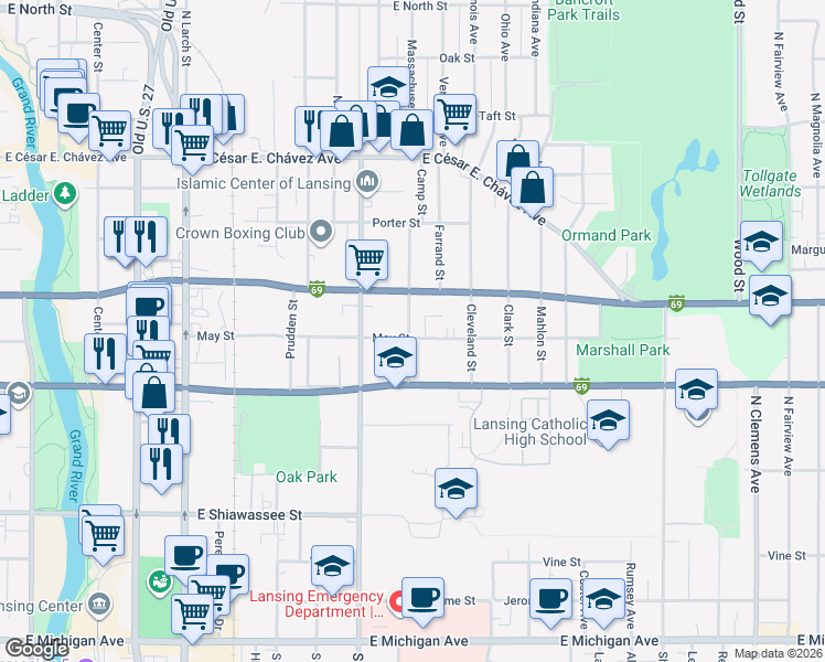 map of restaurants, bars, coffee shops, grocery stores, and more near 1107 May Street in Lansing