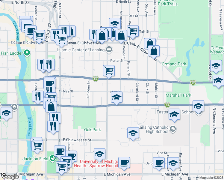 map of restaurants, bars, coffee shops, grocery stores, and more near 1017 May Street in Lansing