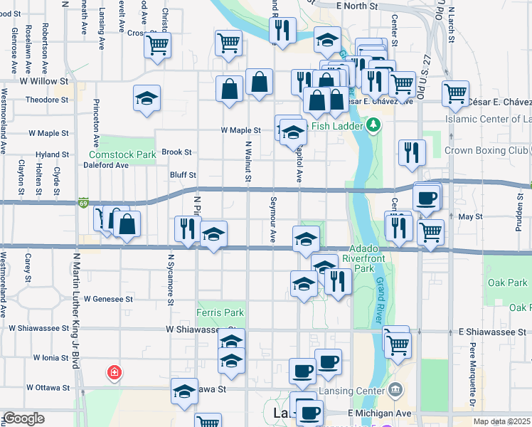 map of restaurants, bars, coffee shops, grocery stores, and more near 810 North Walnut Street in Lansing
