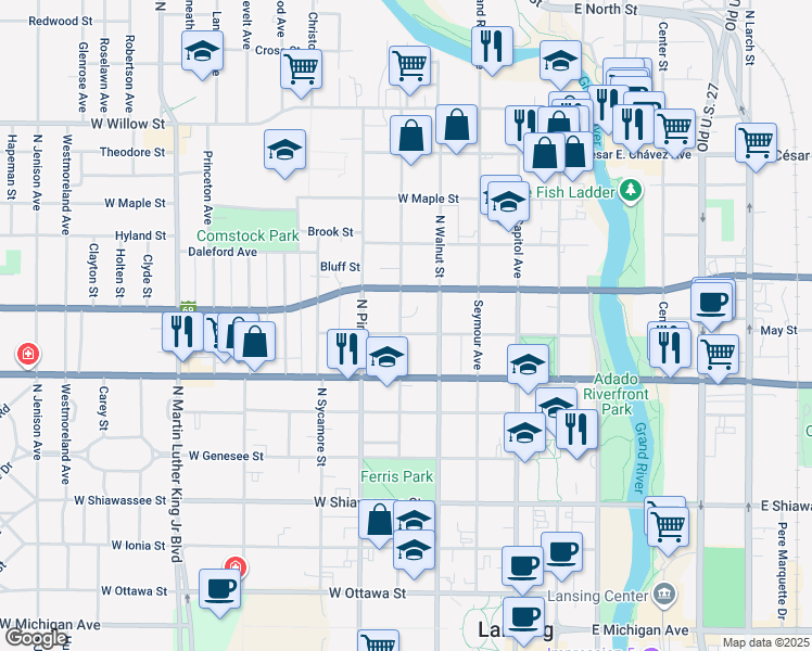 map of restaurants, bars, coffee shops, grocery stores, and more near 420 West Madison Street in Lansing