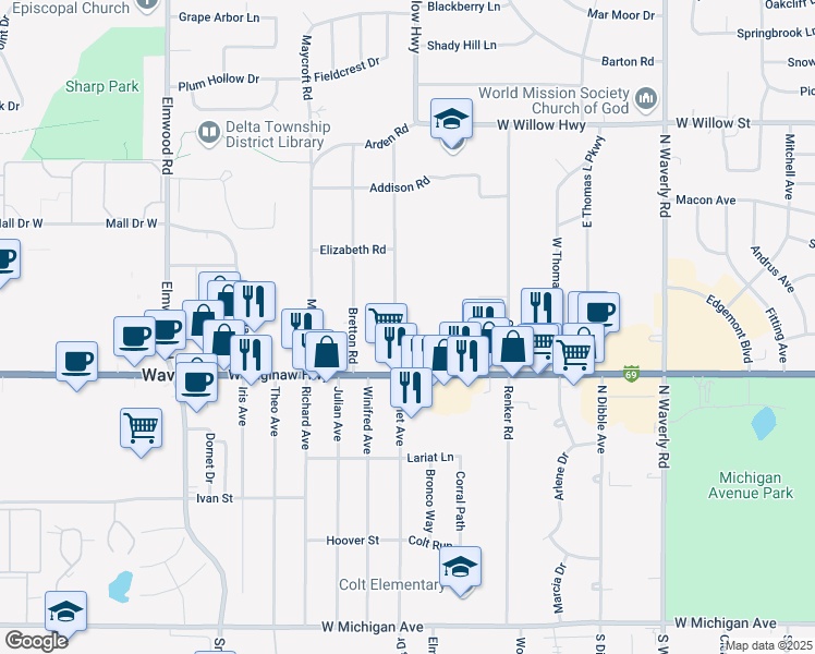 map of restaurants, bars, coffee shops, grocery stores, and more near 726 Robins Road in Lansing