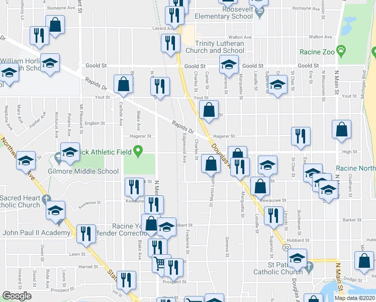 map of restaurants, bars, coffee shops, grocery stores, and more near 1700 Edgewood Avenue in Racine