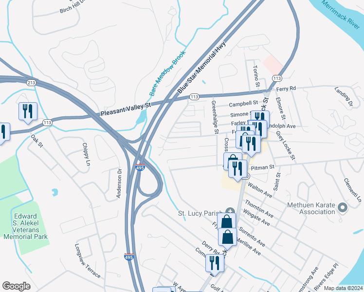 map of restaurants, bars, coffee shops, grocery stores, and more near 35 Gaston Street in Methuen