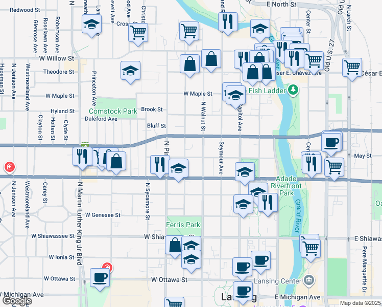 map of restaurants, bars, coffee shops, grocery stores, and more near 420 W Madison St in Lansing