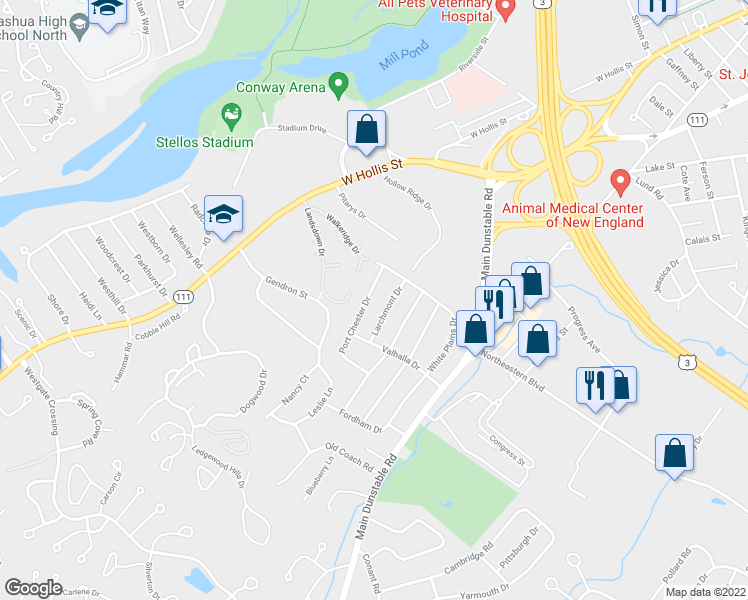 map of restaurants, bars, coffee shops, grocery stores, and more near 19 Port Chester Drive in Nashua