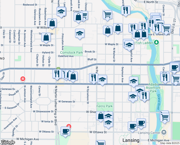 map of restaurants, bars, coffee shops, grocery stores, and more near 626 West Madison Street in Lansing