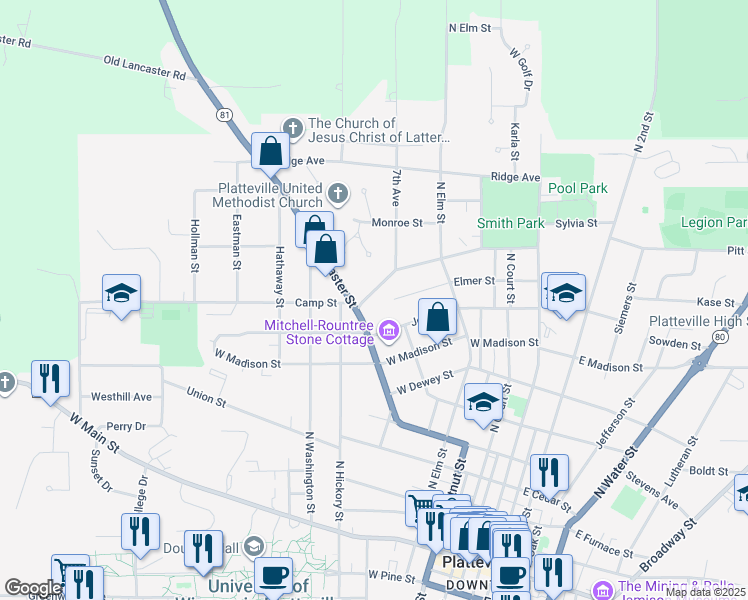 map of restaurants, bars, coffee shops, grocery stores, and more near 535 Camp Street in Platteville