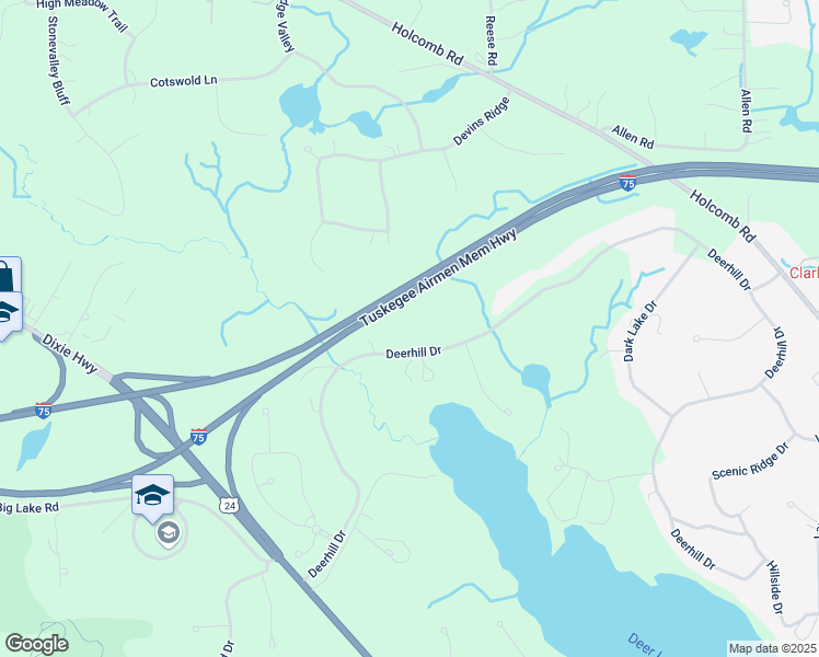 map of restaurants, bars, coffee shops, grocery stores, and more near 7722 Deerhill Drive in Clarkston