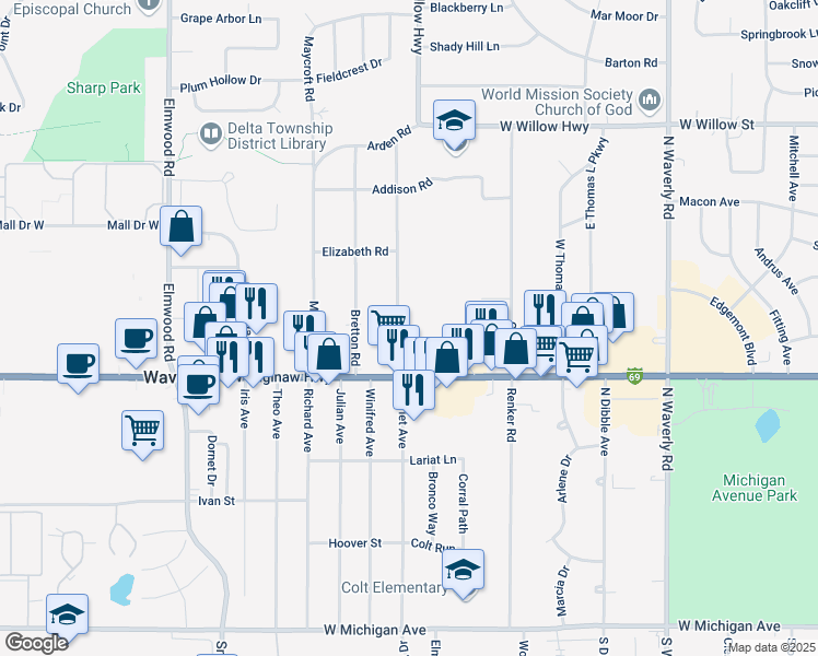 map of restaurants, bars, coffee shops, grocery stores, and more near 726 Robins Road in Lansing