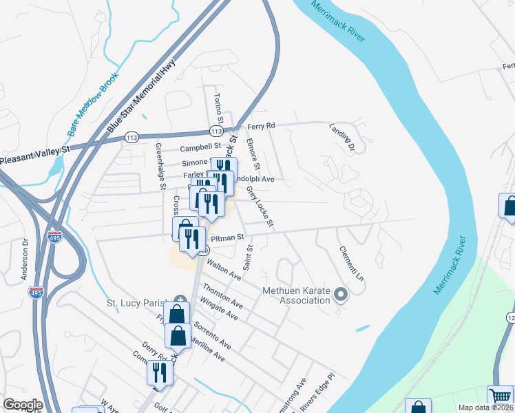 map of restaurants, bars, coffee shops, grocery stores, and more near 9 Newbury Avenue in Methuen