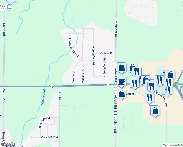 map of restaurants, bars, coffee shops, grocery stores, and more near 12103 Greenfield Drive in Lansing