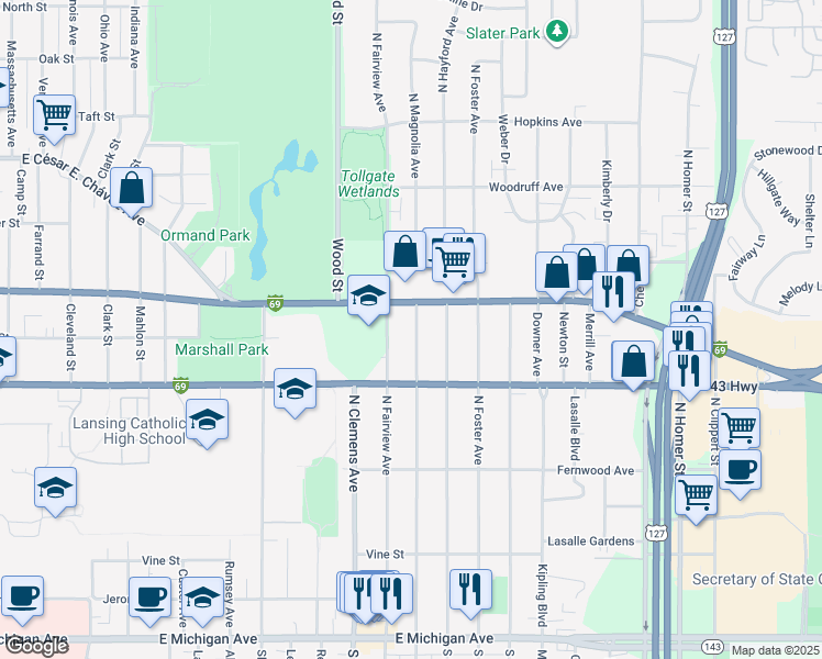 map of restaurants, bars, coffee shops, grocery stores, and more near 813 North Magnolia Avenue in Lansing