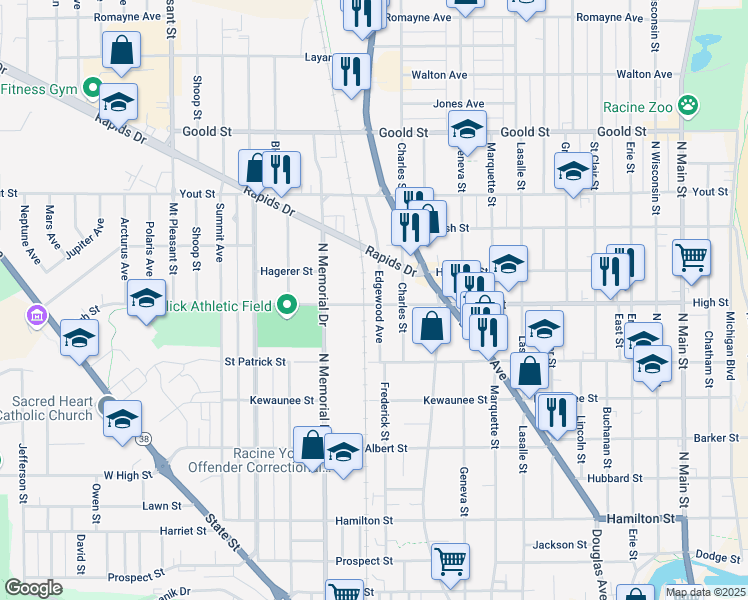 map of restaurants, bars, coffee shops, grocery stores, and more near 1700 Edgewood Avenue in Racine