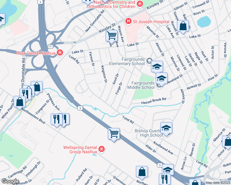map of restaurants, bars, coffee shops, grocery stores, and more near 22 Forge Drive in Nashua