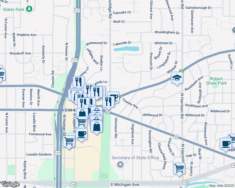 map of restaurants, bars, coffee shops, grocery stores, and more near 1410 West Saginaw Street in East Lansing