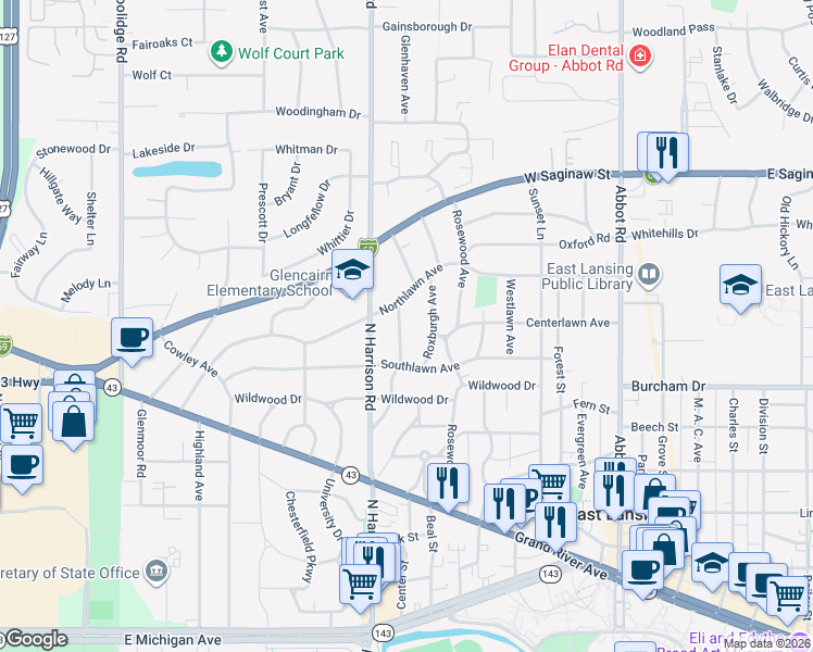 map of restaurants, bars, coffee shops, grocery stores, and more near 912 Glenhaven Avenue in East Lansing