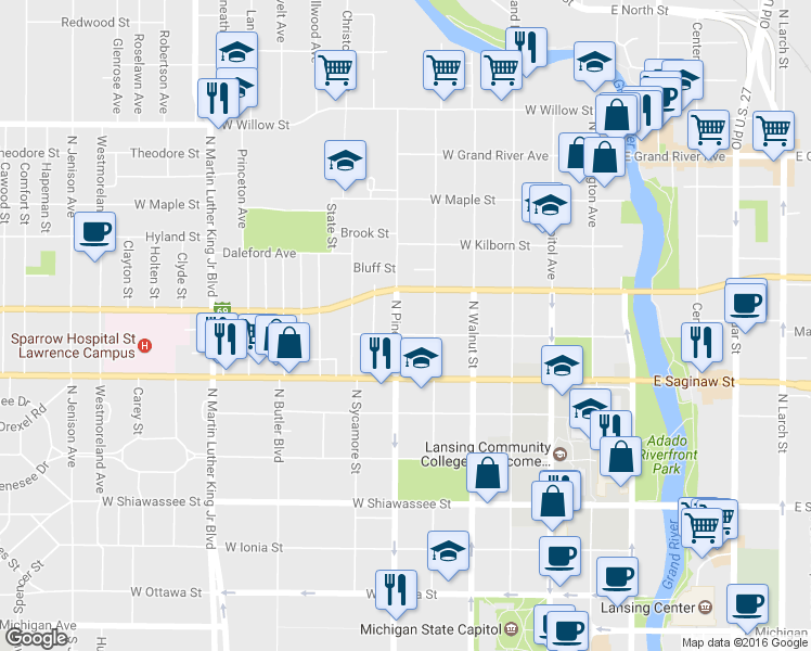 map of restaurants, bars, coffee shops, grocery stores, and more near 524 West Madison Street in Lansing