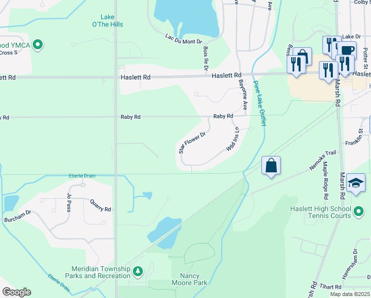 map of restaurants, bars, coffee shops, grocery stores, and more near 5562 Star Flower Dr in Meridian Charter Township
