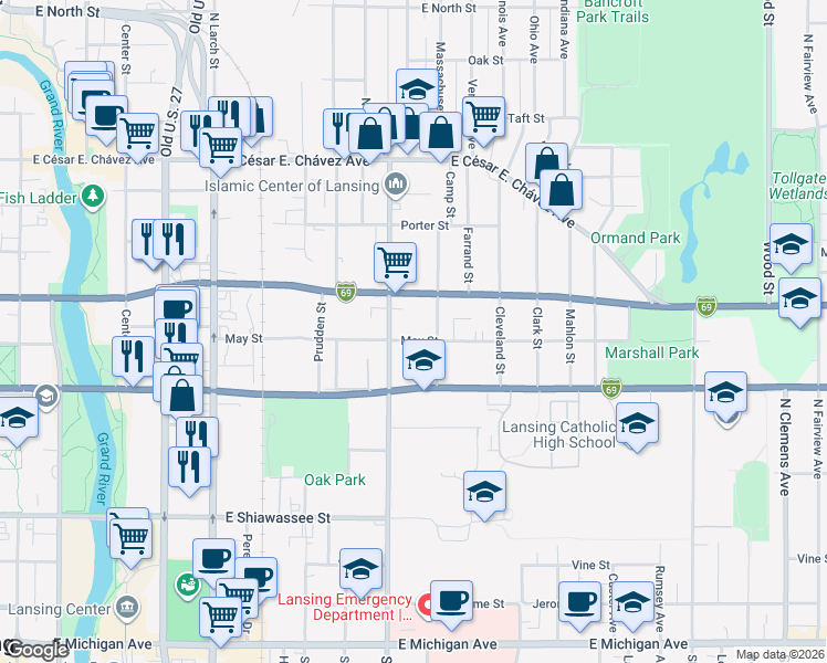map of restaurants, bars, coffee shops, grocery stores, and more near 1017 May Street in Lansing