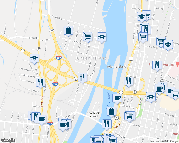 map of restaurants, bars, coffee shops, grocery stores, and more near 83 George Street in Troy