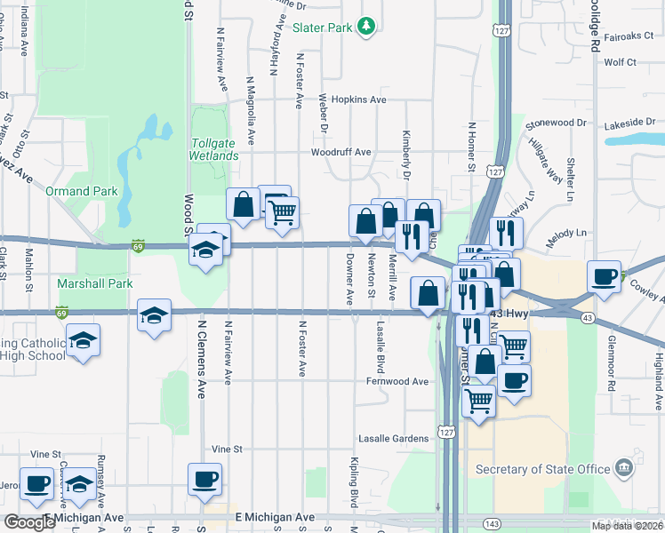 map of restaurants, bars, coffee shops, grocery stores, and more near 814 North Francis Avenue in Lansing