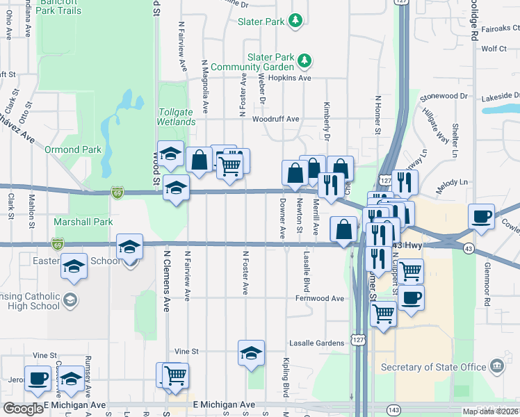 map of restaurants, bars, coffee shops, grocery stores, and more near 814 North Francis Avenue in Lansing