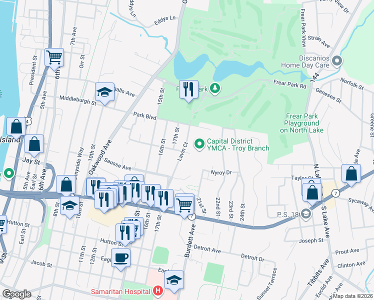 map of restaurants, bars, coffee shops, grocery stores, and more near 2600 Lavin Court in Troy
