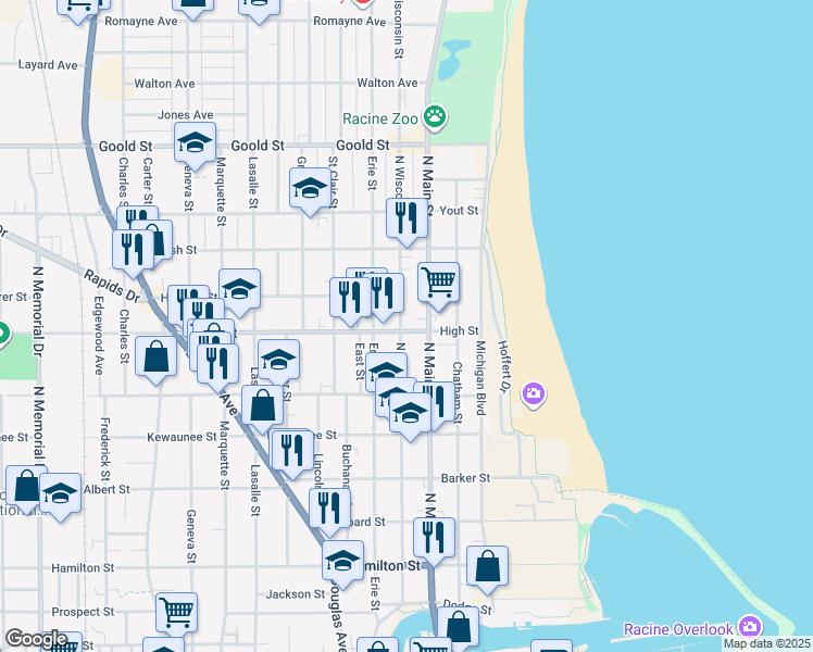 map of restaurants, bars, coffee shops, grocery stores, and more near 420 High Street in Racine