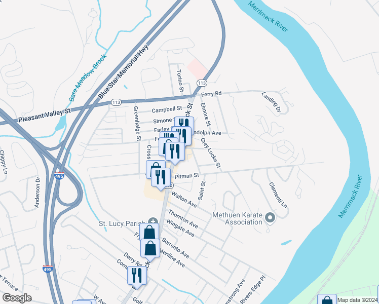 map of restaurants, bars, coffee shops, grocery stores, and more near 3 Newbury Avenue in Methuen