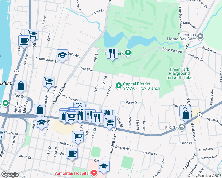 map of restaurants, bars, coffee shops, grocery stores, and more near 2600 Lavin Court in Troy