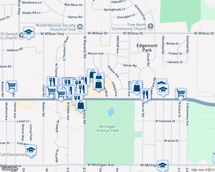 map of restaurants, bars, coffee shops, grocery stores, and more near 750 Edgemont Boulevard in Lansing