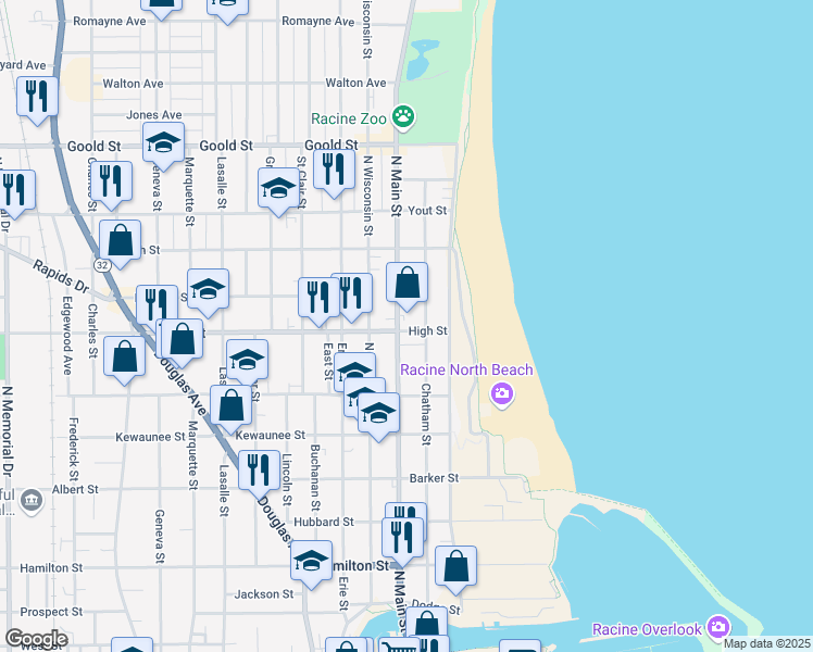 map of restaurants, bars, coffee shops, grocery stores, and more near 1701 North Main Street in Racine