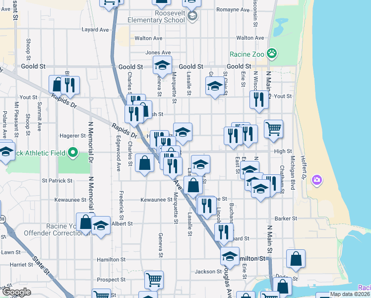 map of restaurants, bars, coffee shops, grocery stores, and more near in Racine