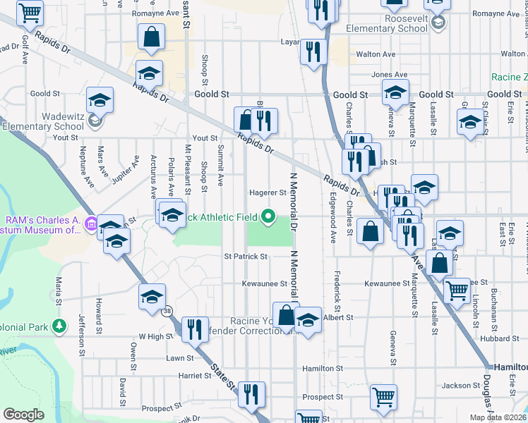 map of restaurants, bars, coffee shops, grocery stores, and more near 1718 High Street in Racine