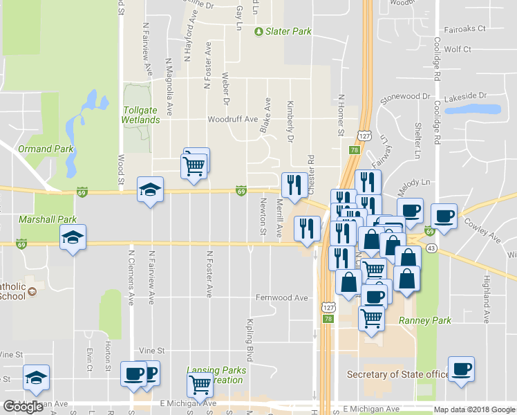 map of restaurants, bars, coffee shops, grocery stores, and more near 815 Newton Street in Lansing