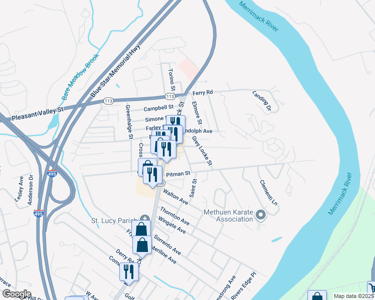map of restaurants, bars, coffee shops, grocery stores, and more near 3 Newbury Avenue in Methuen