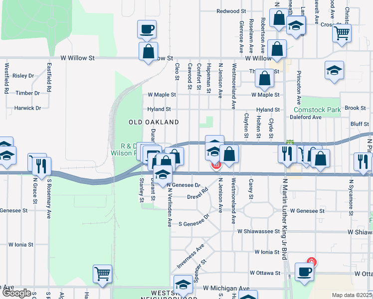 map of restaurants, bars, coffee shops, grocery stores, and more near 743 Cawood Street in Lansing
