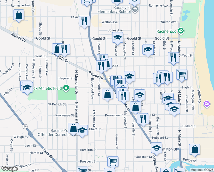 map of restaurants, bars, coffee shops, grocery stores, and more near 1667 Douglas Avenue in Racine